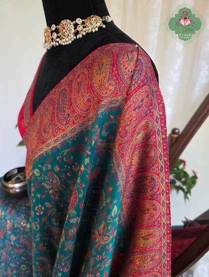 Yamini | Teal Blue & Rust Red Kashmiri Pure Kani Silk Jamavar Weave Saree | Made To Order