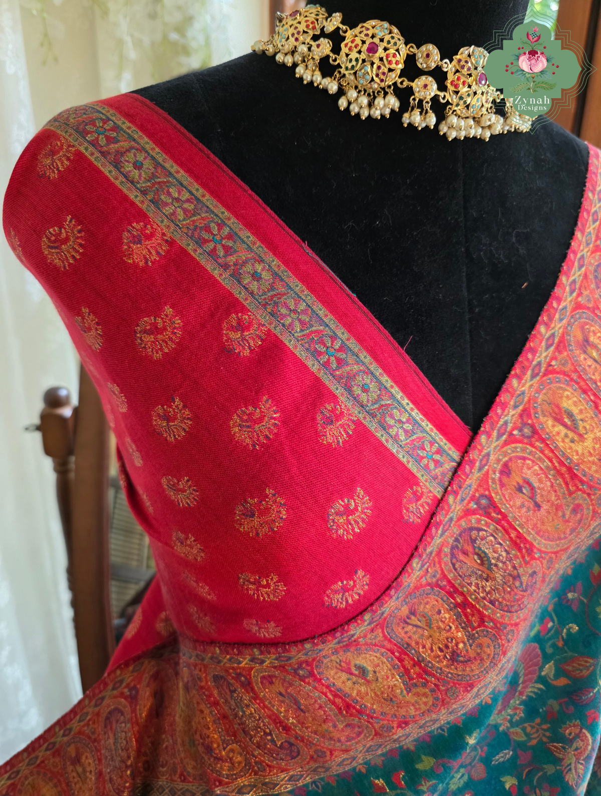 Yamini | Teal Blue & Rust Red Kashmiri Pure Kani Silk Jamavar Weave Saree | Made To Order