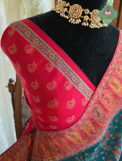 Yamini | Teal Blue & Rust Red Kashmiri Pure Kani Silk Jamavar Weave Saree | Made To Order