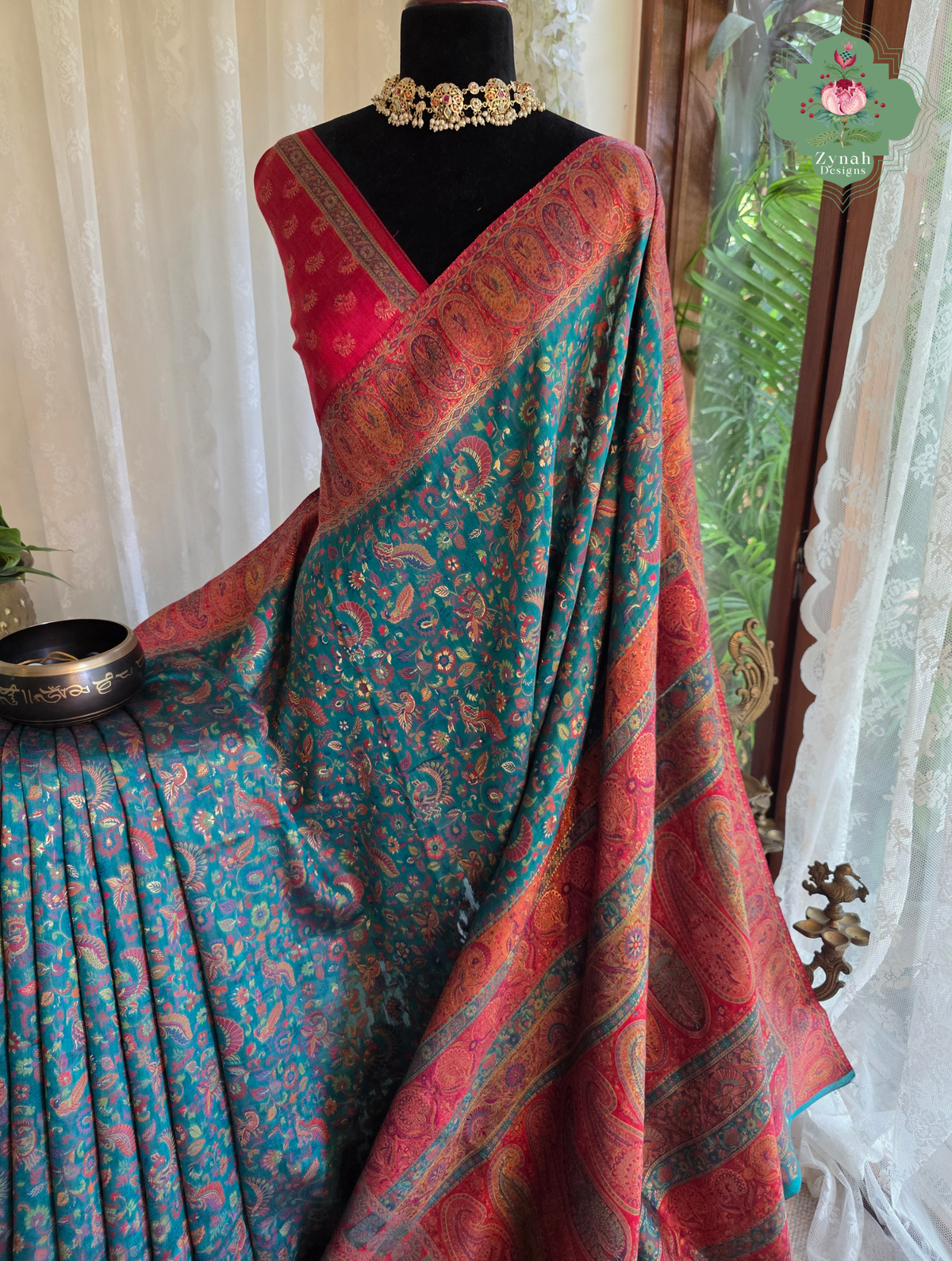 Yamini | Teal Blue & Rust Red Kashmiri Pure Kani Silk Jamavar Weave Saree | Made To Order
