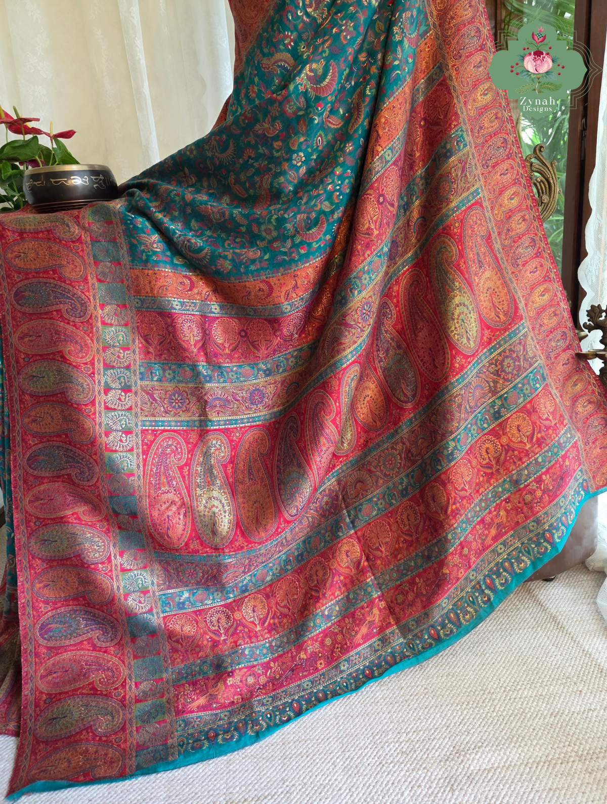 Yamini | Teal Blue & Rust Red Kashmiri Pure Kani Silk Jamavar Weave Saree | Made To Order
