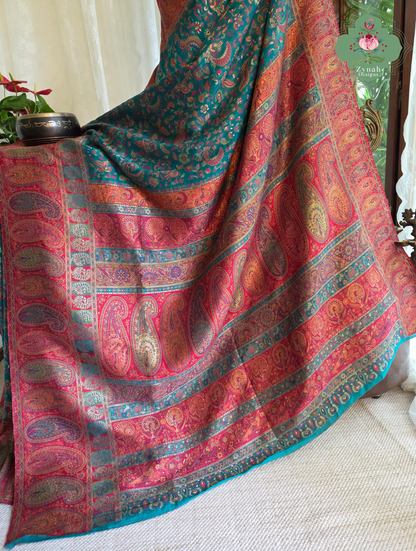 Yamini | Teal Blue & Rust Red Kashmiri Pure Kani Silk Jamavar Weave Saree | Made To Order