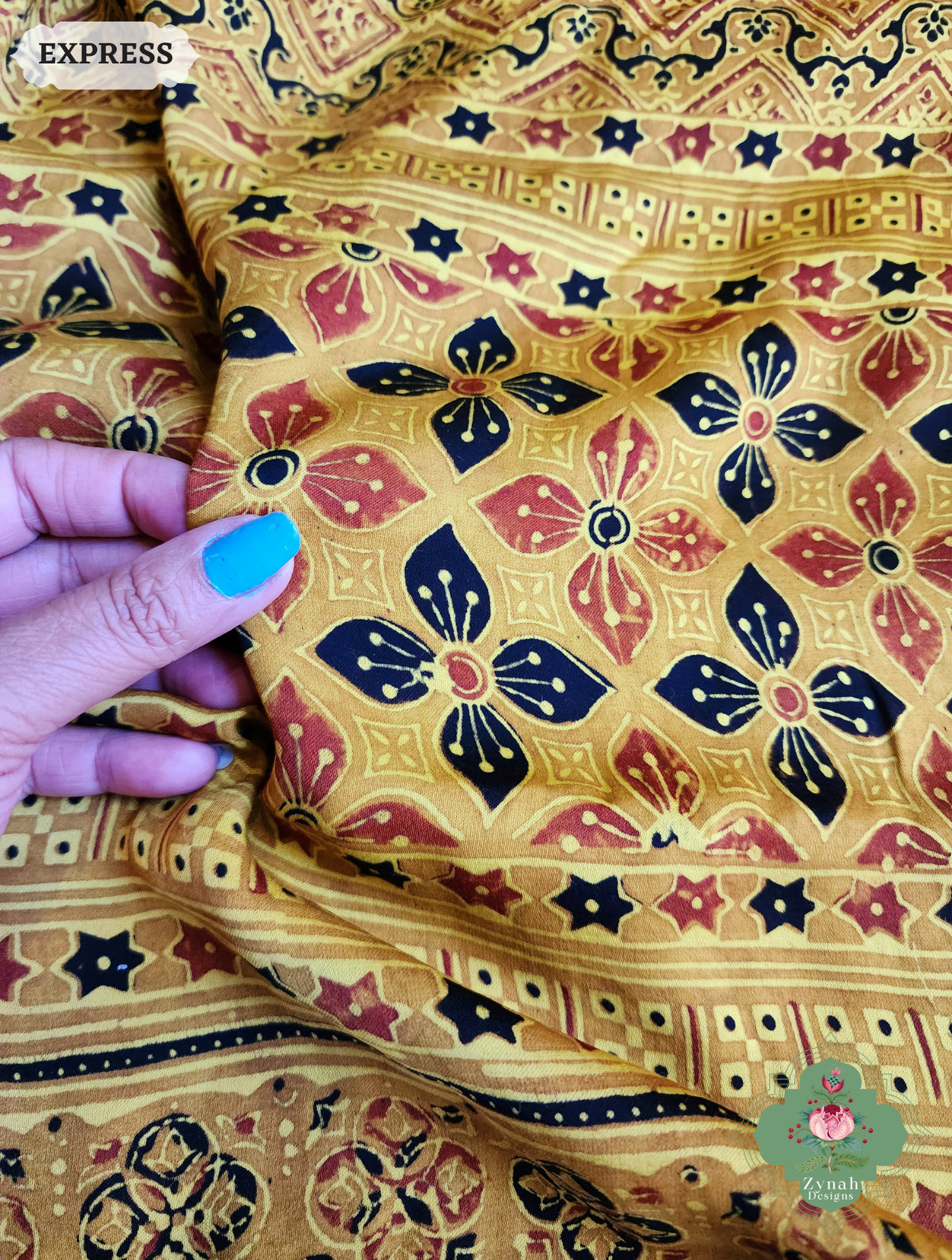 Zynah Yellow Ajrakh Modal Silk Saree With Tissue Pallu Crafted Using The Traditional Method Of Hand Block Printing Using 100% Natural Dyes; Custom Stitched/Ready-made Blouse, Fall, Petticoat; SKU: 1402202502
