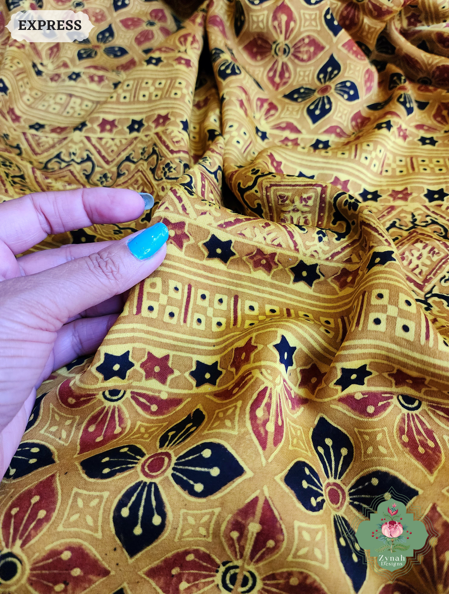 Zynah Yellow Ajrakh Modal Silk Saree With Tissue Pallu Crafted Using The Traditional Method Of Hand Block Printing Using 100% Natural Dyes; Custom Stitched/Ready-made Blouse, Fall, Petticoat; SKU: 1402202502