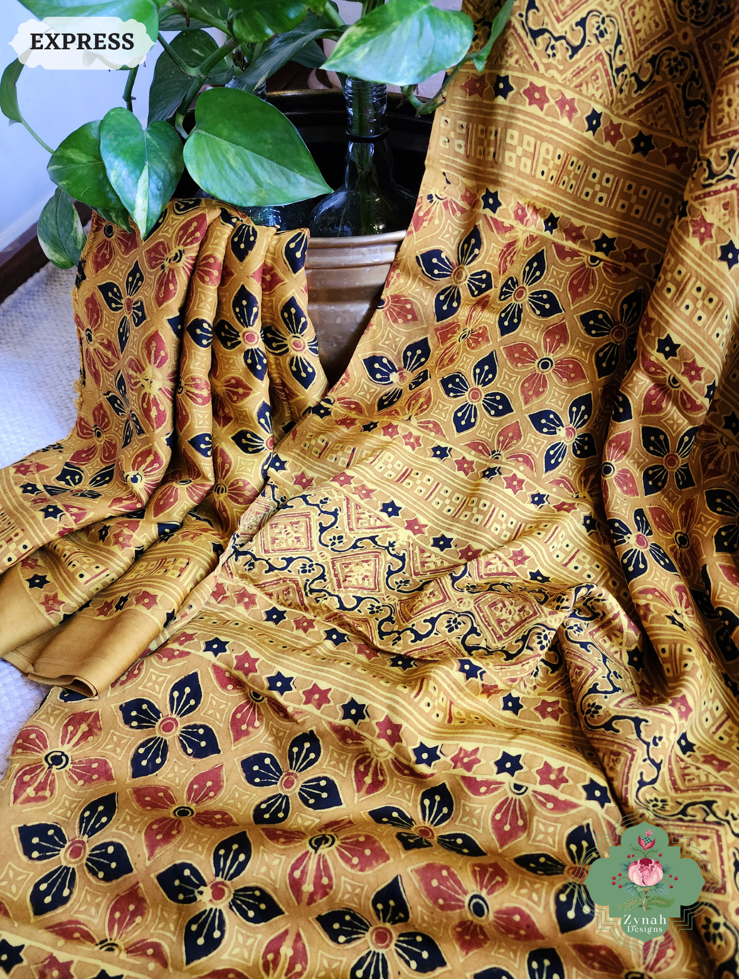 Zynah Yellow Ajrakh Modal Silk Saree With Tissue Pallu Crafted Using The Traditional Method Of Hand Block Printing Using 100% Natural Dyes; Custom Stitched/Ready-made Blouse, Fall, Petticoat; SKU: 1402202502