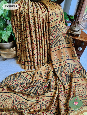 Yellow Ajrakh Modal Silk Saree With Lagdi Patta On Pallu, Crafted Using The Traditional Method Of Hand Block Printing Using 100% Natural Dyes