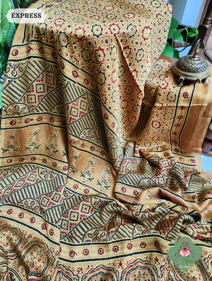 Yellow Ajrakh Modal Silk Saree With Lagdi Patta On Pallu, Crafted Using The Traditional Method Of Hand Block Printing Using 100% Natural Dyes