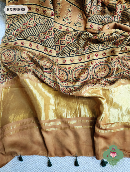Yellow Ajrakh Modal Silk Saree With Lagdi Patta On Pallu, Crafted Using The Traditional Method Of Hand Block Printing Using 100% Natural Dyes