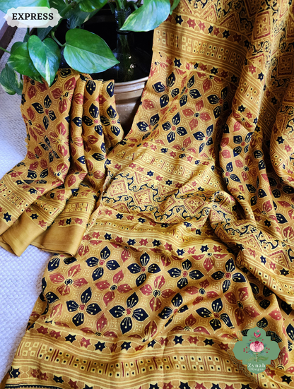 Yellow Ajrakh Modal Silk Saree With Tissue Pallu Crafted Using The Traditional Method Of Hand Block Printing Using 100% Natural Dyes 8