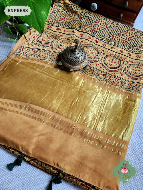 Yellow Ajrakh Modal Silk Saree With Lagdi Patta On Pallu, Crafted Using The Traditional Method Of Hand Block Printing Using 100% Natural Dyes