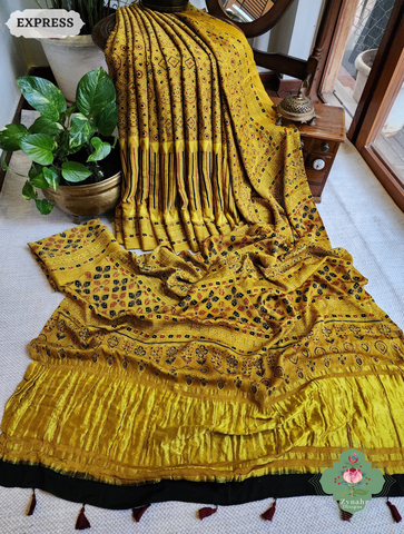 Yellow Ajrakh Modal Silk Saree With Tissue Pallu Crafted Using The Traditional Method Of Hand Block Printing Using 100% Natural Dyes 1