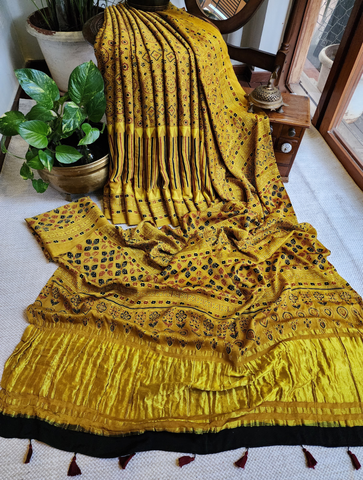 Zynah Yellow Ajrakh Modal Silk Saree With Tissue Pallu Crafted Using The Traditional Method Of Hand Block Printing Using 100% Natural Dyes; Custom Stitched/Ready-made Blouse, Fall, Petticoat; SKU: 1402202502