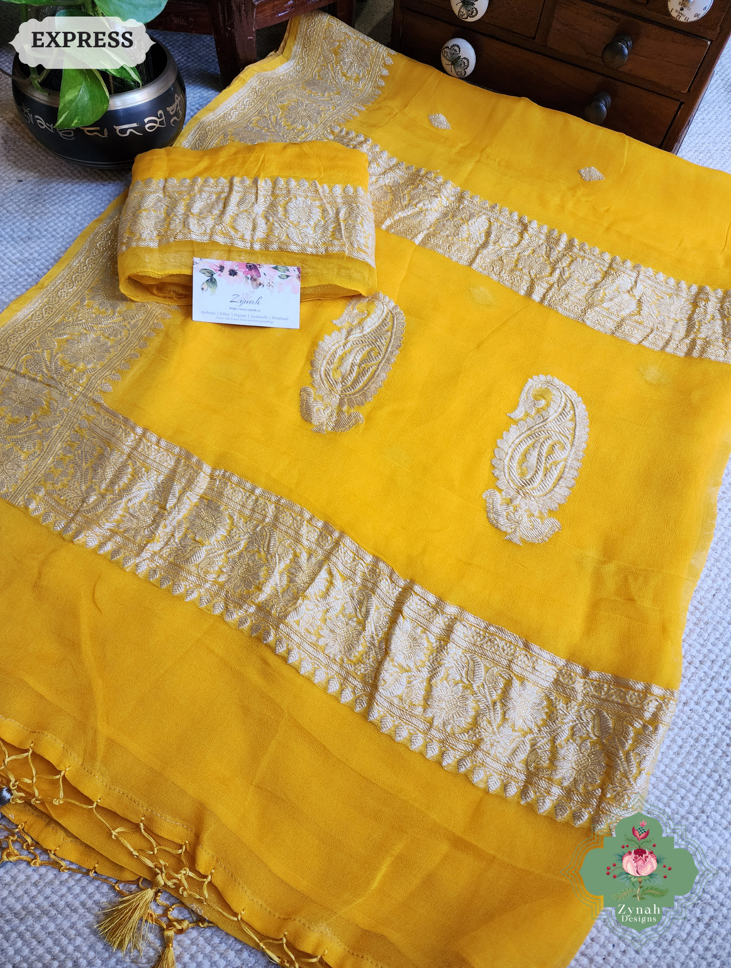 Zynah Yellow Handwoven Pure Khaddi Chiffon Banarasi Saree With Pure Silver Water Zari Woven Butas & Border; Custom Stitched/Ready-made Blouse, Fall, Petticoat; SKU: 2901202501