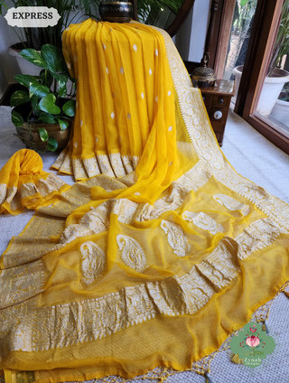 Zynah Yellow Handwoven Pure Khaddi Chiffon Banarasi Saree With Pure Silver Water Zari Woven Butas & Border; Custom Stitched/Ready-made Blouse, Fall, Petticoat; SKU: 2901202501