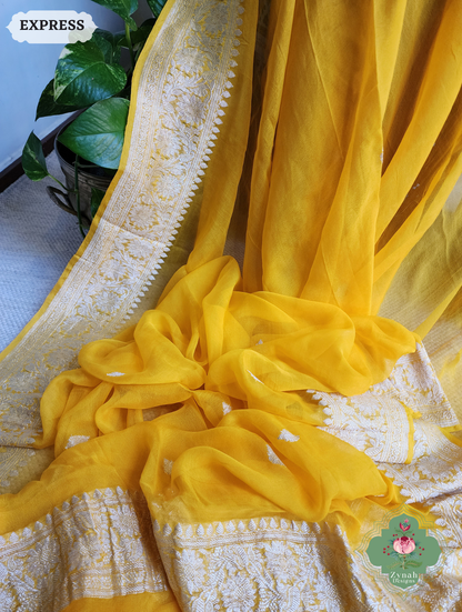 Zynah Yellow Handwoven Pure Khaddi Chiffon Banarasi Saree With Pure Silver Water Zari Woven Butas & Border; Custom Stitched/Ready-made Blouse, Fall, Petticoat; SKU: 2901202501