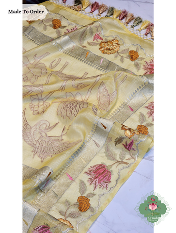 Zynah Made To Order Yellow Kota Tussar Silk Saree With Embroidery; Custom Stitched/Ready-made Blouse, Fall, Petticoat; SKU: 1510202505
