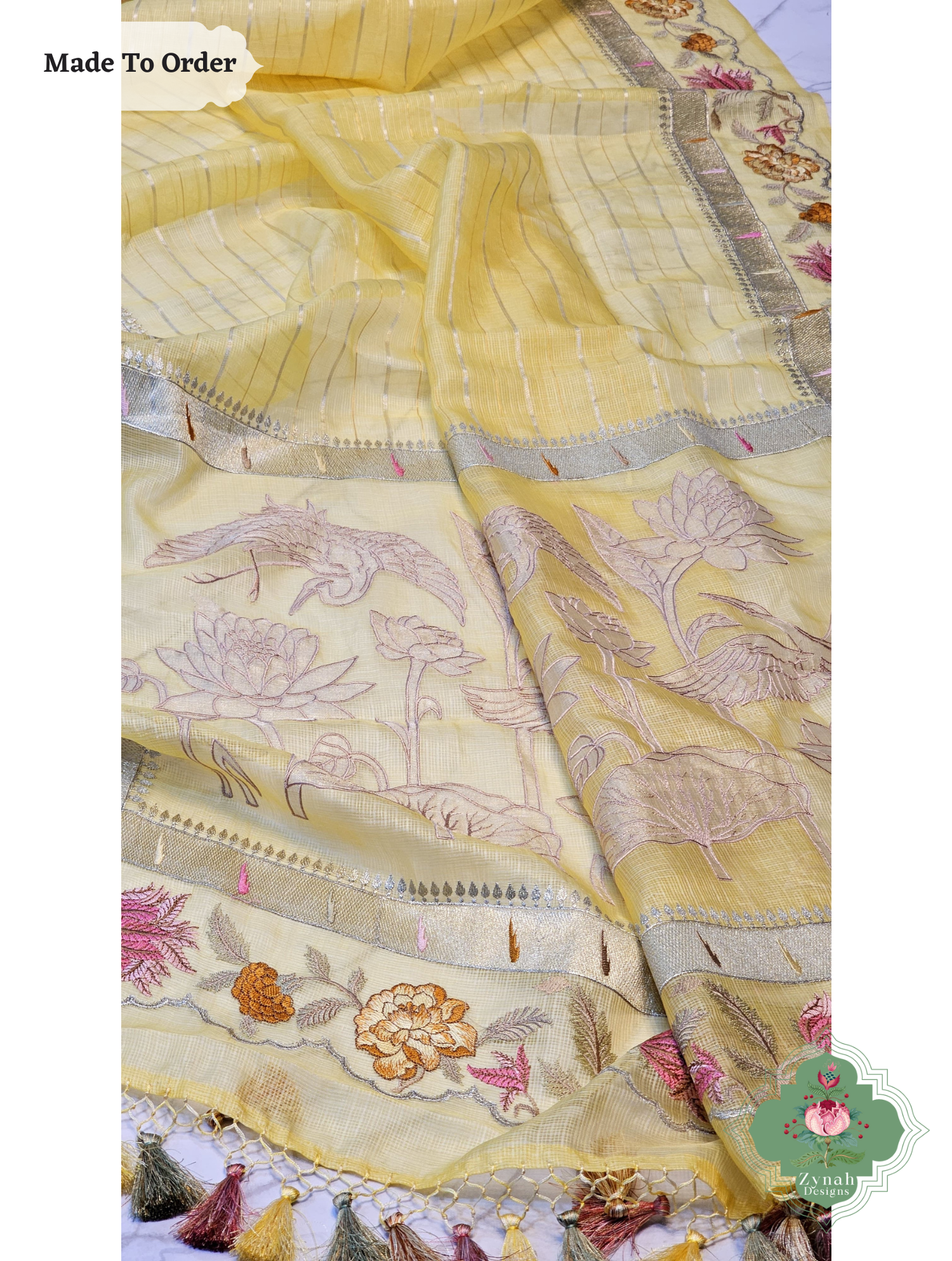 Zynah Made To Order Yellow Kota Tussar Silk Saree With Embroidery; Custom Stitched/Ready-made Blouse, Fall, Petticoat; SKU: 1510202505