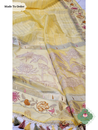 Zynah Made To Order Yellow Kota Tussar Silk Saree With Embroidery; Custom Stitched/Ready-made Blouse, Fall, Petticoat; SKU: 1510202505
