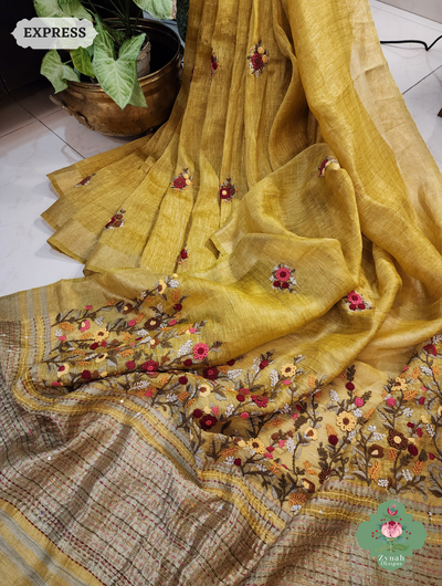 Mustard Yellow Linen Silk Saree With Frenchknot Hand Embroidery 1