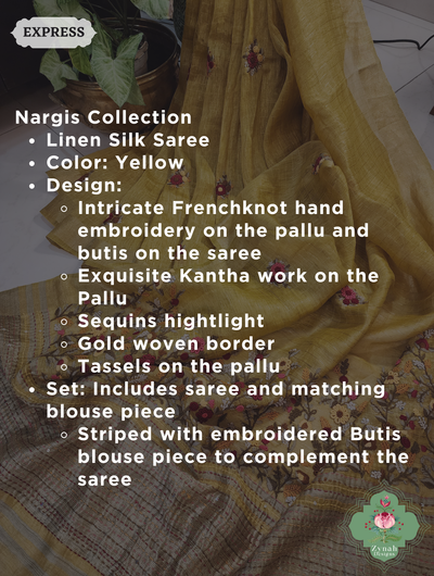 Mustard Yellow Linen Silk Saree With Frenchknot Hand Embroidery 2