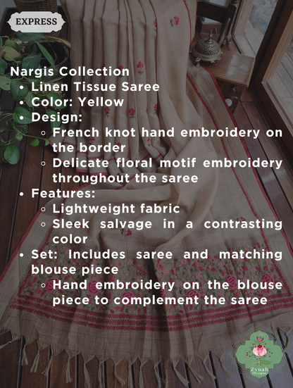 Yellow Linen Tissue Saree With Frenchknot Hand Embroidery 2