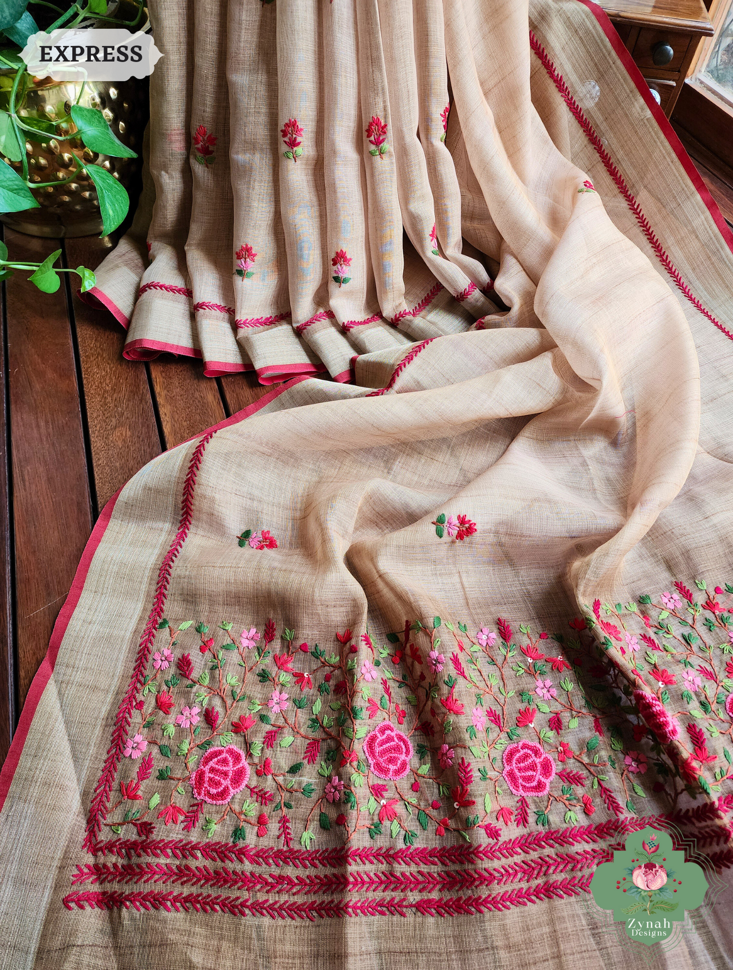 Yellow Linen Tissue Saree With Frenchknot Hand Embroidery 3