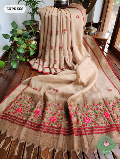 Yellow Linen Tissue Saree With Frenchknot Hand Embroidery 5