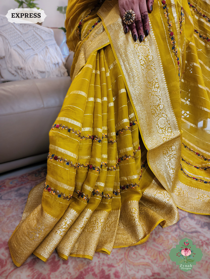 Yellow Organza Crepe Silk Saree With Zari Borders & Stripes & French Knot Hand Embroidery 11
