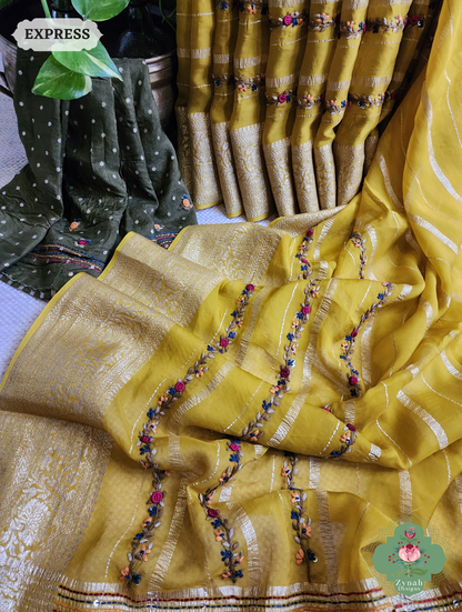 Yellow Organza Crepe Silk Saree With Zari Borders & Stripes & French Knot Hand Embroidery 15