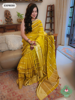 Yellow Organza Crepe Silk Saree With Zari Borders & Stripes & French Knot Hand Embroidery 1