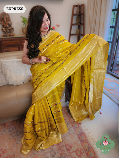 Yellow Organza Crepe Silk Saree With Zari Borders & Stripes & French Knot Hand Embroidery 3