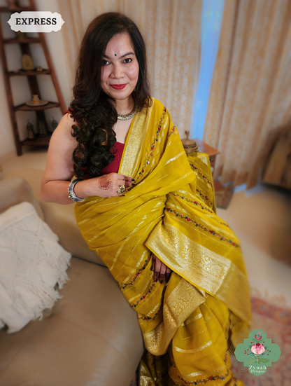 Yellow Organza Crepe Silk Saree With Zari Borders & Stripes & French Knot Hand Embroidery 6