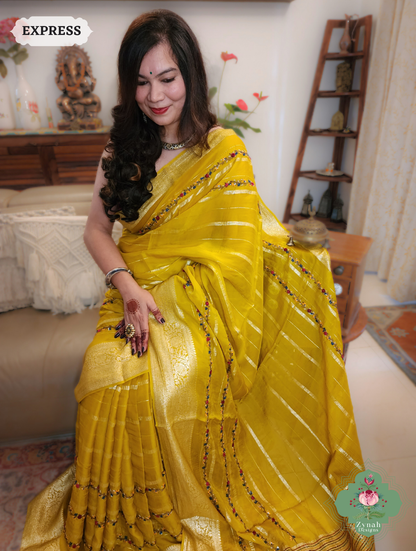 Yellow Organza Crepe Silk Saree With Zari Borders & Stripes & French Knot Hand Embroidery 9