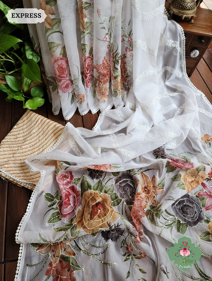 Zynah Off White / Yellow Organza Silk Saree With Floral Print & Kantha, Sequins & Chikankari Work; Custom Stitched/Ready-made Blouse, Fall, Petticoat; SKU: 3007202302