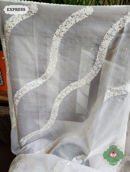 Zynah Off White / Yellow Organza Silk Saree With Floral Print & Kantha, Sequins & Chikankari Work; Custom Stitched/Ready-made Blouse, Fall, Petticoat; SKU: 3007202302