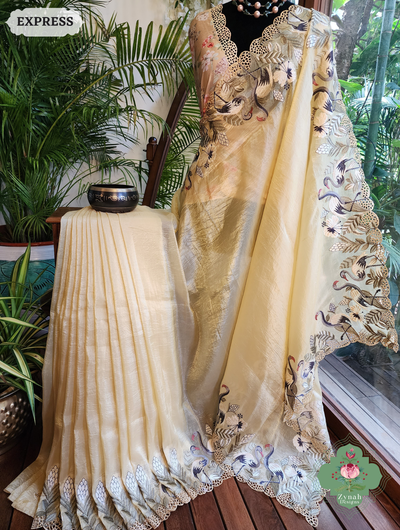 Zynah Yellow Organza Tissue Saree With Exquisite Crane Embroidery & Cutwork Scalloped Border; Custom Stitched/Ready-made Blouse, Fall, Petticoat; SKU: 0410202503