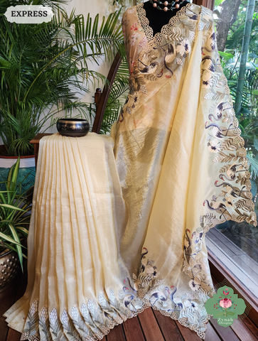 Zynah Yellow Organza Tissue Saree With Exquisite Crane Embroidery & Cutwork Scalloped Border; Custom Stitched/Ready-made Blouse, Fall, Petticoat; SKU: 0410202503