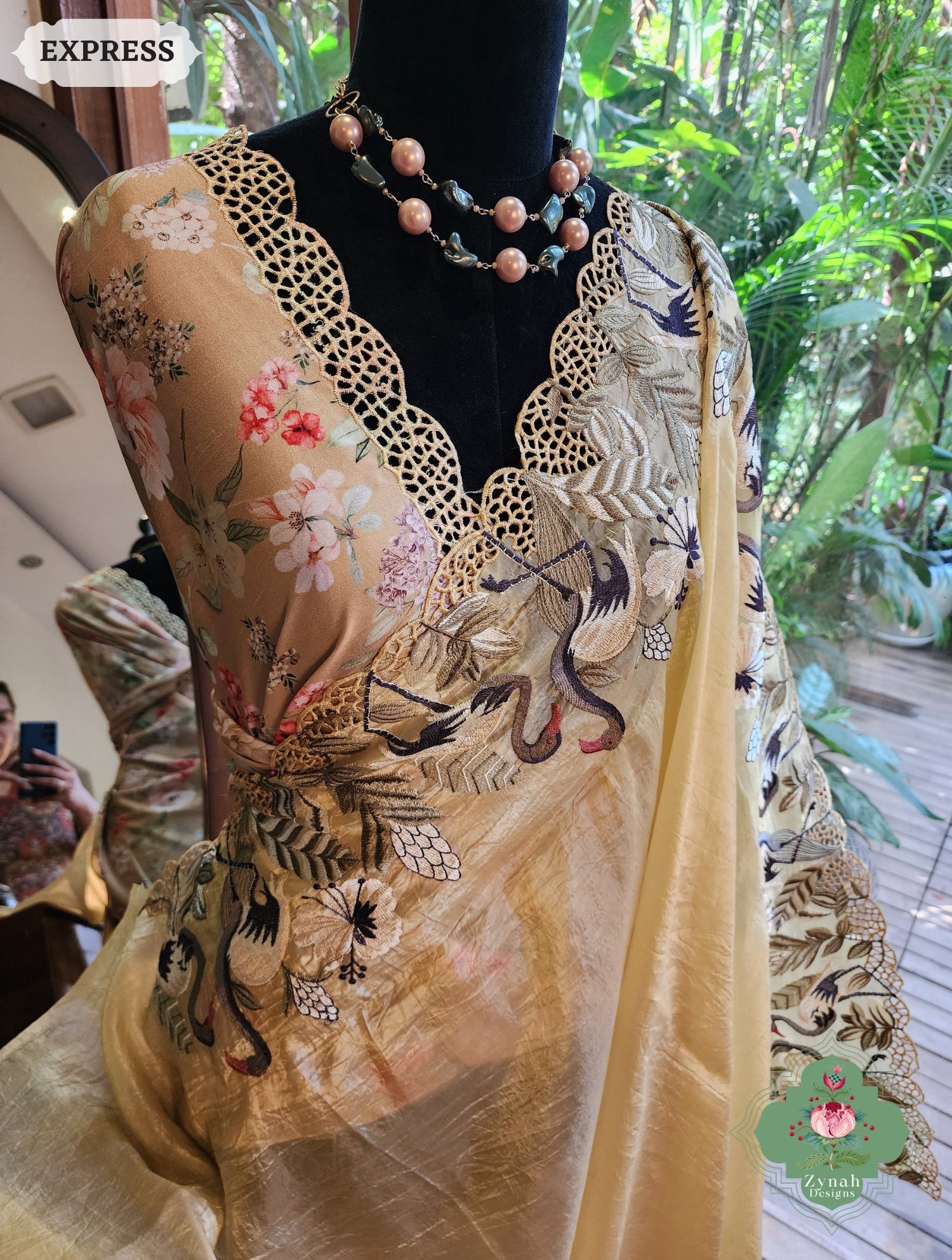 Zynah Yellow Organza Tissue Saree With Exquisite Crane Embroidery & Cutwork Scalloped Border; Custom Stitched/Ready-made Blouse, Fall, Petticoat; SKU: 0410202503