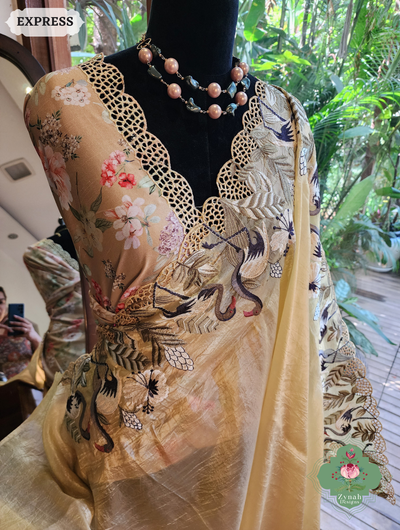 Zynah Yellow Organza Tissue Saree With Exquisite Crane Embroidery & Cutwork Scalloped Border; Custom Stitched/Ready-made Blouse, Fall, Petticoat; SKU: 0410202503