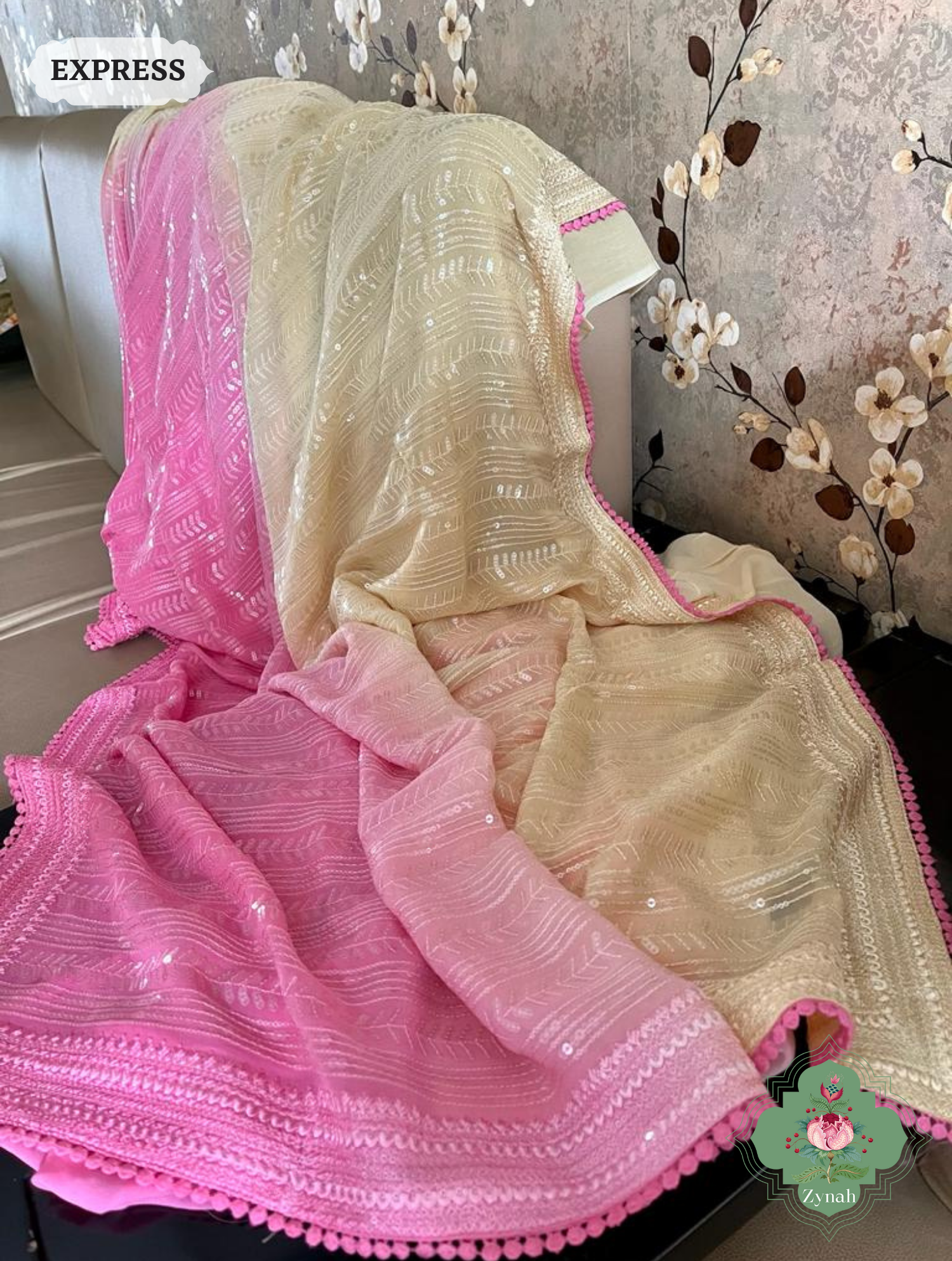 Yellow / Pink Ombre Georgette Saree With All Over Sequins Work