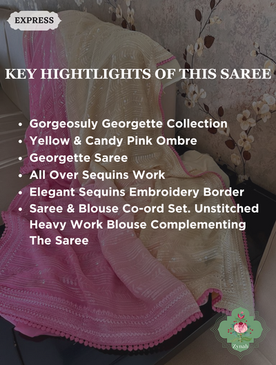 Yellow / Pink Ombre Georgette Saree With All Over Sequins Work