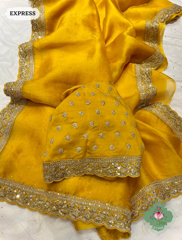 Mustard Yellow Pure Organza Silk Saree With All Over Mukaish Work & Sequins Embroidered Border