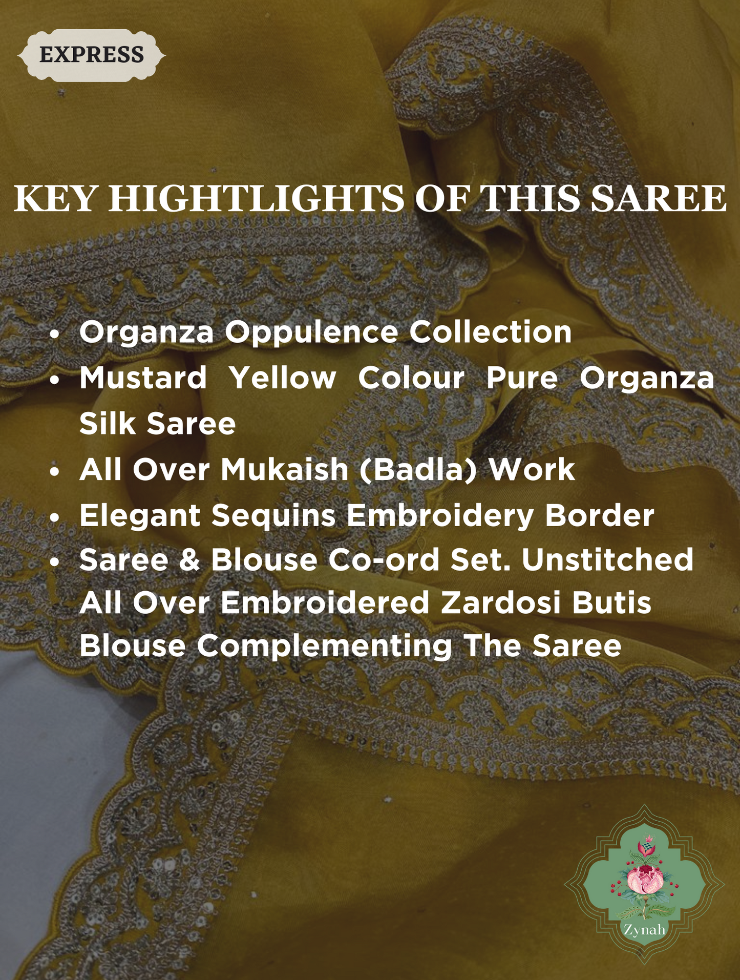Mustard Yellow Pure Organza Silk Saree With All Over Mukaish Work & Sequins Embroidered Border