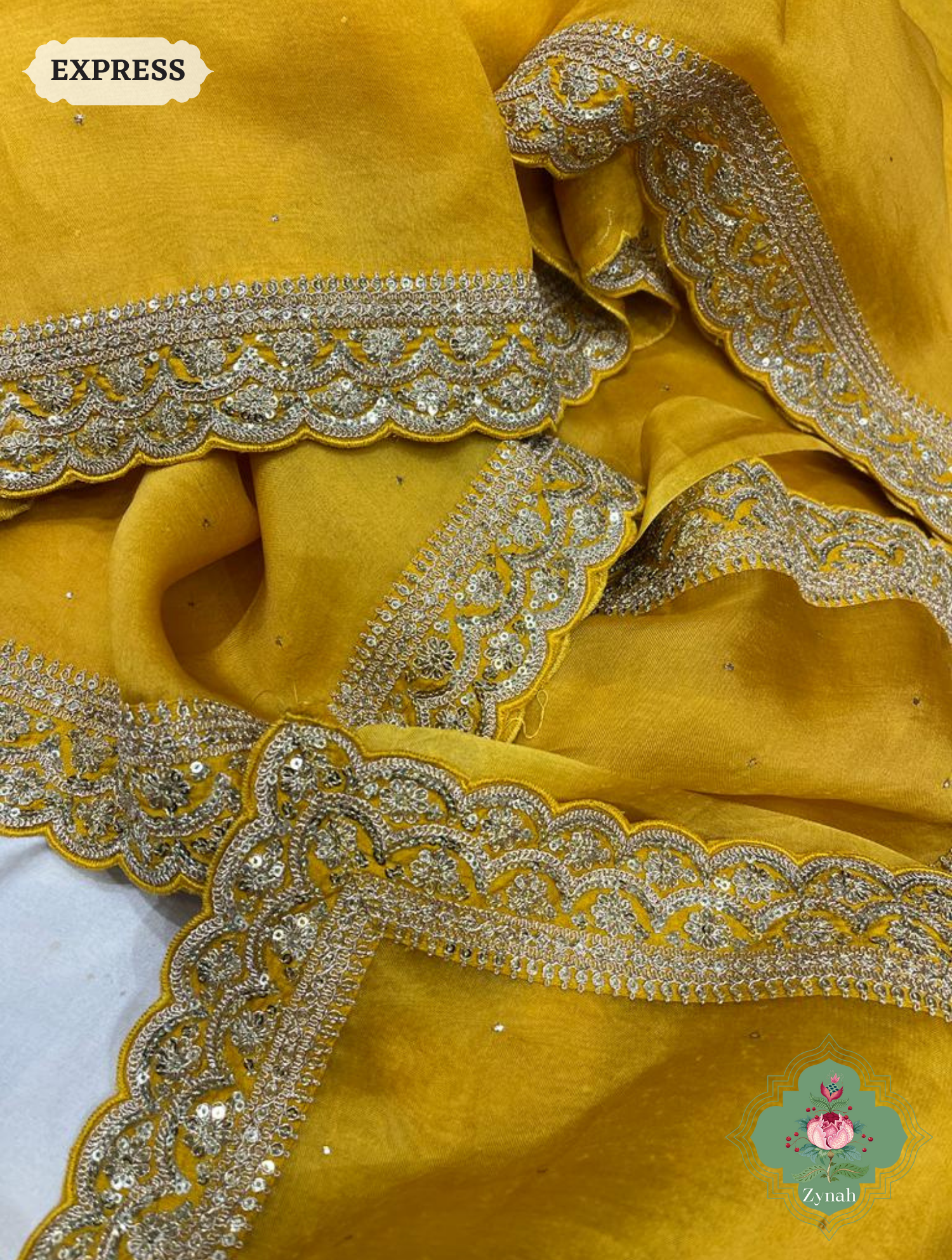 Mustard Yellow Pure Organza Silk Saree With All Over Mukaish Work & Sequins Embroidered Border