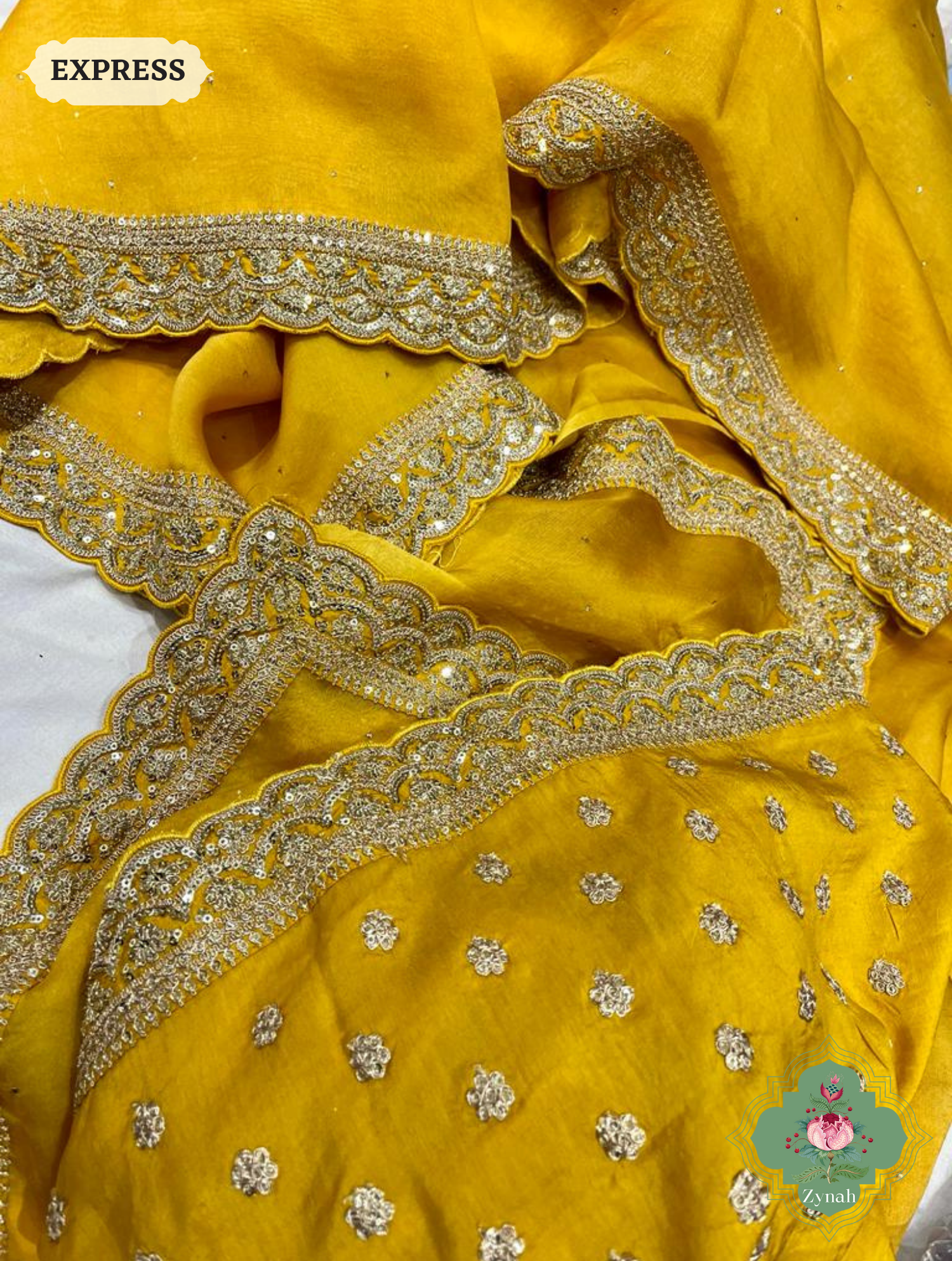 Mustard Yellow Pure Organza Silk Saree With All Over Mukaish Work & Sequins Embroidered Border