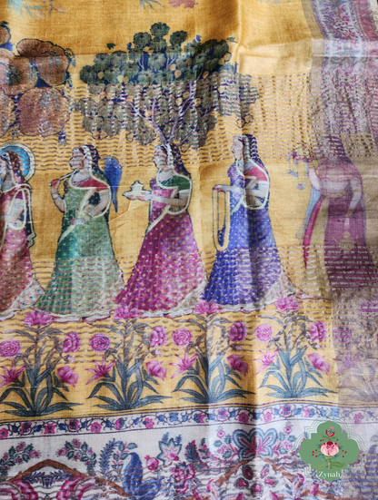 Yellow Pure Tussar Silk Saree With Pichwai Print 10