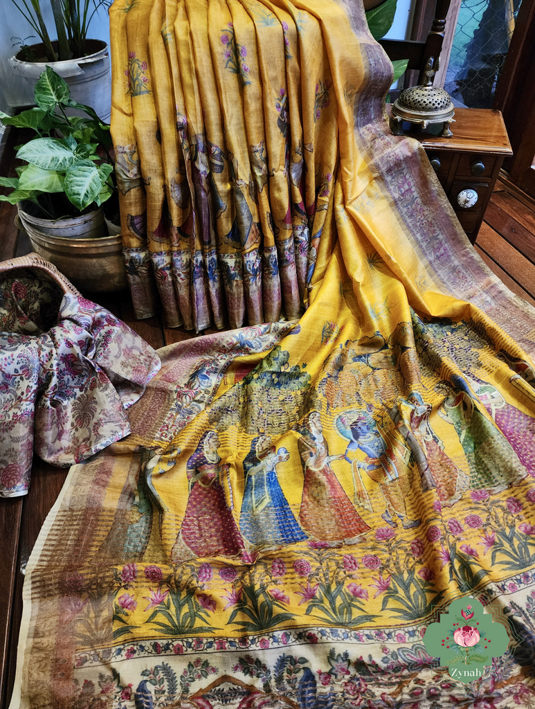Yellow Pure Tussar Silk Saree With Pichwai Print 1