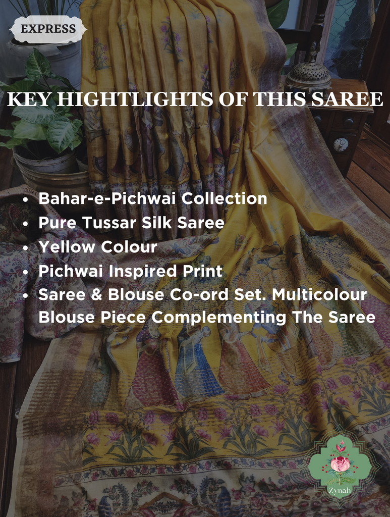 Yellow Pure Tussar Silk Saree With Pichwai Print 2
