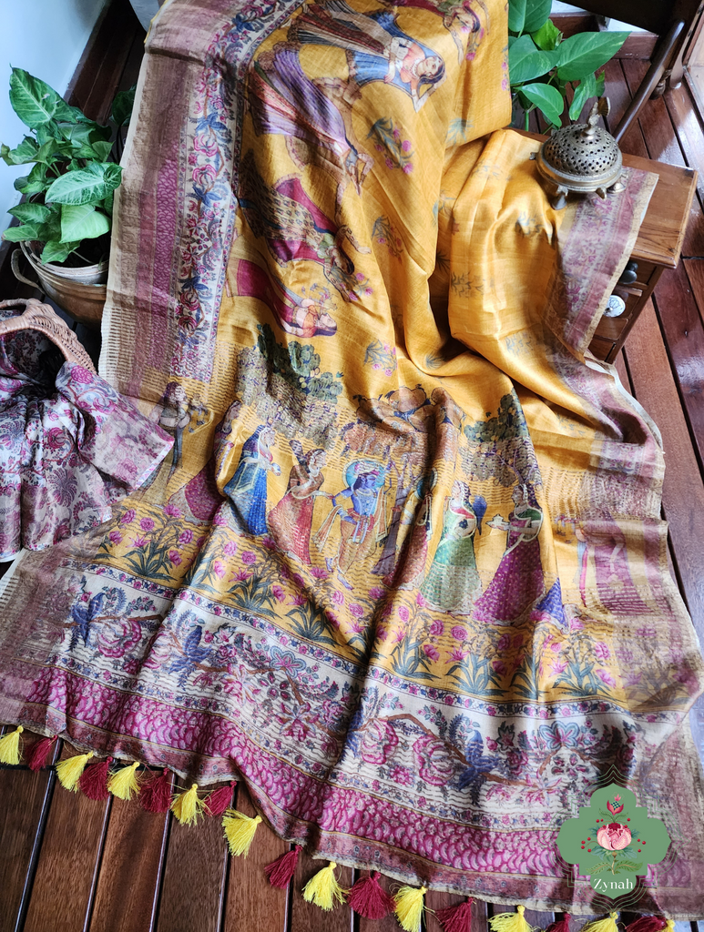 Yellow Pure Tussar Silk Saree With Pichwai Print 3