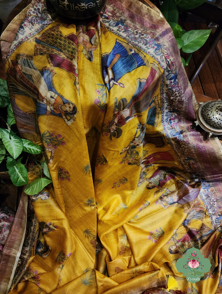 Yellow Pure Tussar Silk Saree With Pichwai Print 4